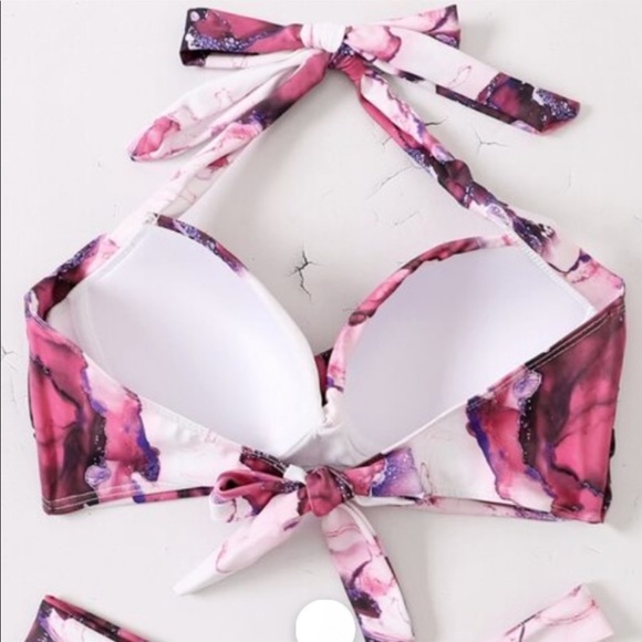 Boho Blue Pink White Tie Dye Marble Print High Waisted Twisted Halter Bikini Set - Picture 7 of 16